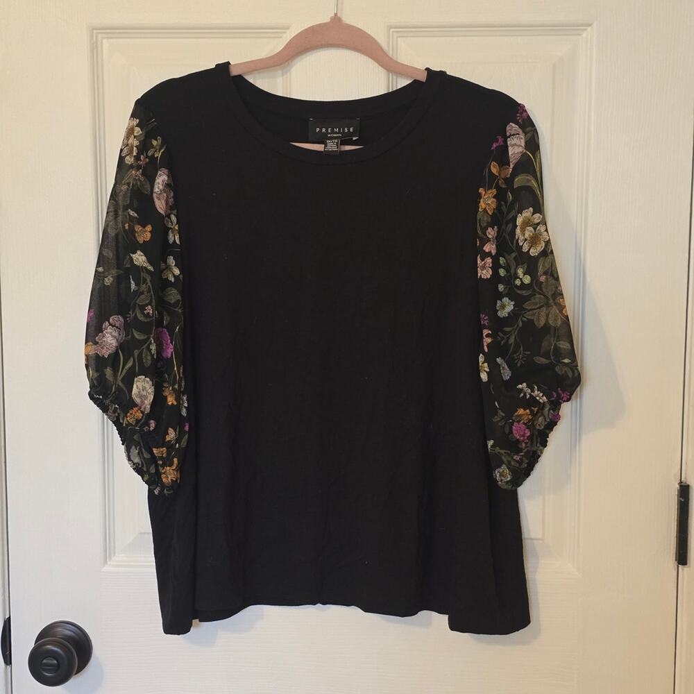 Premise Black Blouse with Sheer Floral Sleeves 1X Elegant Feminine Top